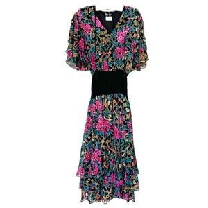 Diane Freis Dress Women Floral Chain Pink Black Gold Ruffle Smocked Sequin Silk